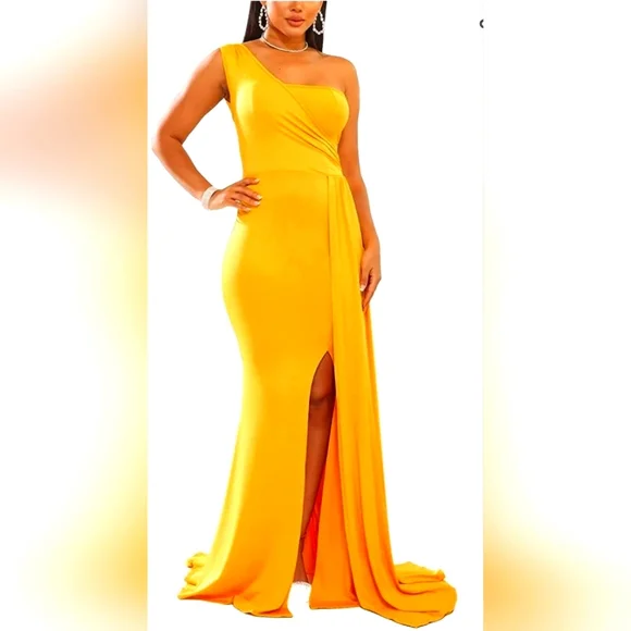 Golden Elegant One Shoulder Sleeveless Maxi Dress - Picture 4 of 6